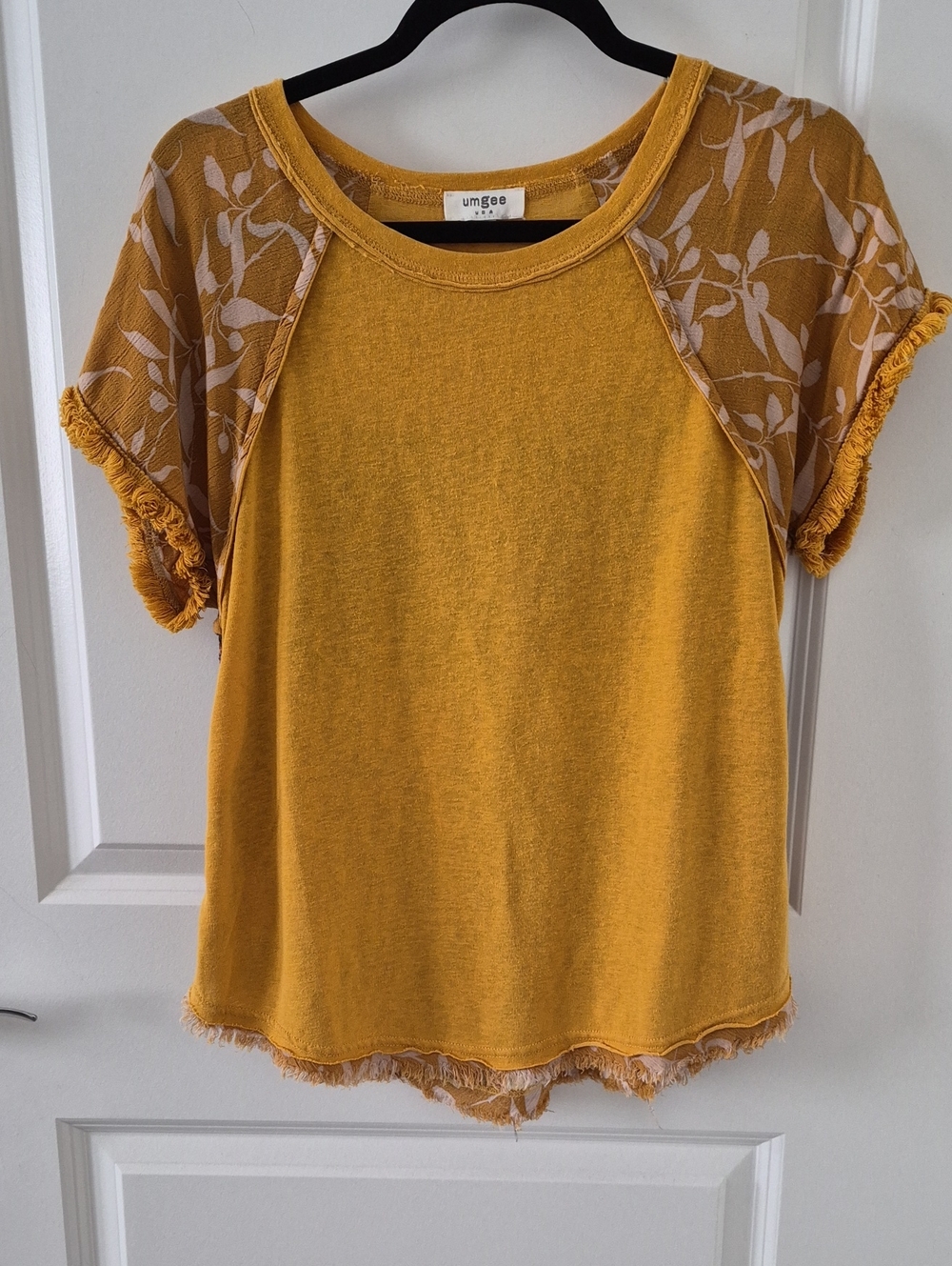 Umgee Mustard Yellow Raglan Short Sleeve Top with Floral Sleeves